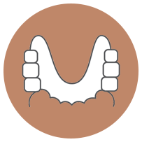 The image shows a stylized illustration of a smiling mouth with teeth, set against a brown circular background.