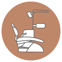 The image displays a stylized icon of a dental chair with a dentist s office setting, including a dental mirror, lamp, and tools, within a circular frame that suggests accessibility or services for disabled individuals.