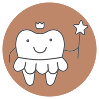 The image features a cartoon tooth character wearing a crown, holding a wand, and standing on a platform with a star above.
