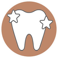 Alt text   A stylized icon of a tooth with two stars on either side, suggesting dental care or dental health.